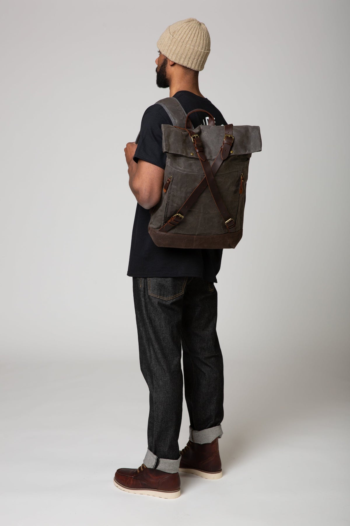 Grey Leather & Waxed Canvas Backpack